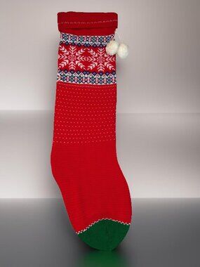 Large 38" Red Knit Christmas Stocking With Snowflake Pattern Green Toe & Pom-Pom